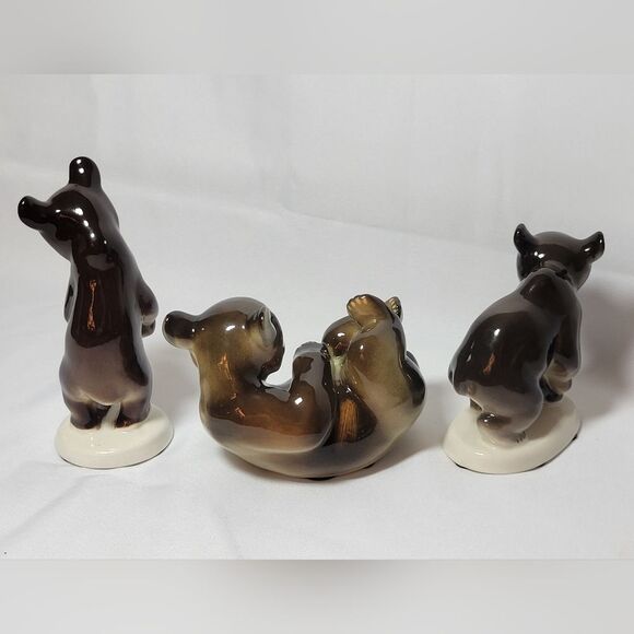 Vintage Lomonosov USSR Set Of 3 Porcelain Brown Bear Figurines - Picture 4 of 15